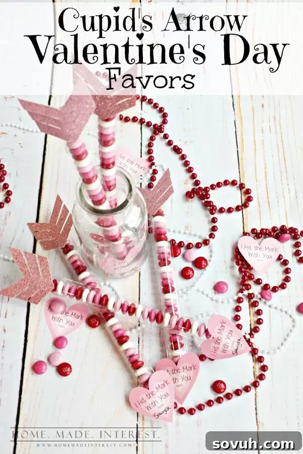 DIY Cupid's Arrow Valentine's Day Favors featuring pink hearts and M&Ms, perfect for classroom exchanges.