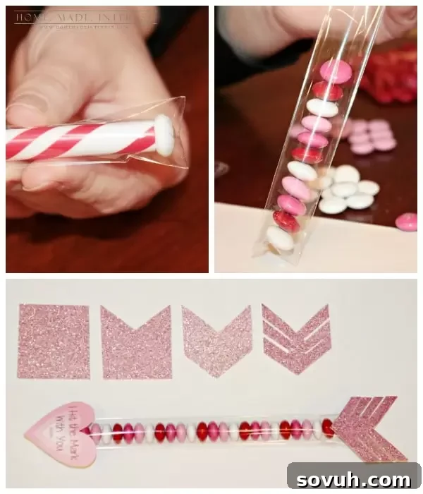 Materials laid out for crafting Cupid's Arrow Valentine's Day Favors, showing cellophane bags, paper, and candy.