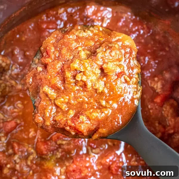 Spoonful of Instant Pot Spaghetti Sauce with pasta in the background