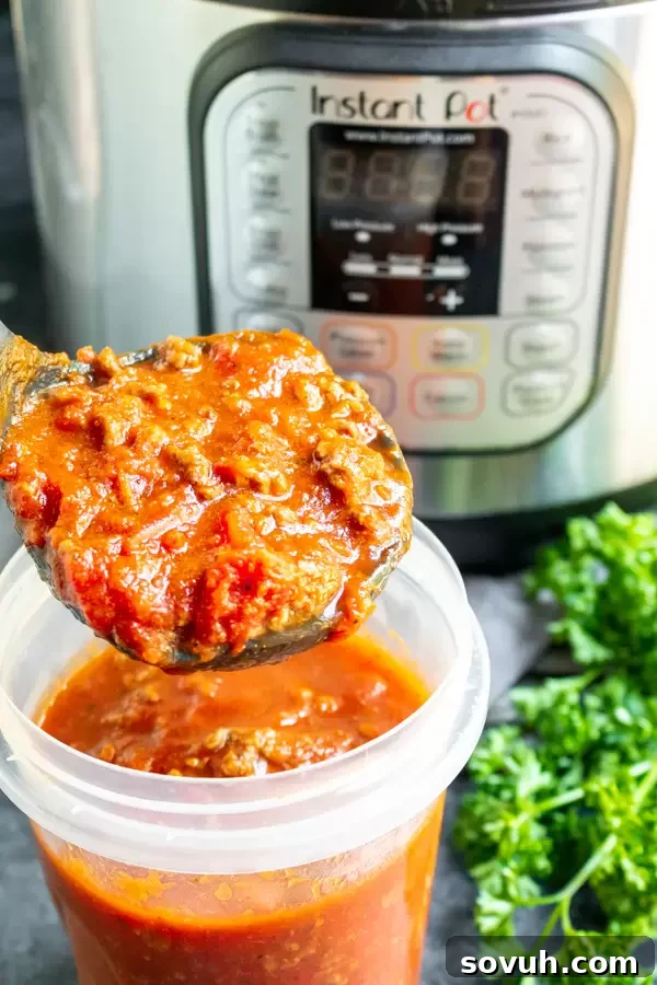 Instant Pot Spaghetti Sauce served with fresh basil, ready to be frozen