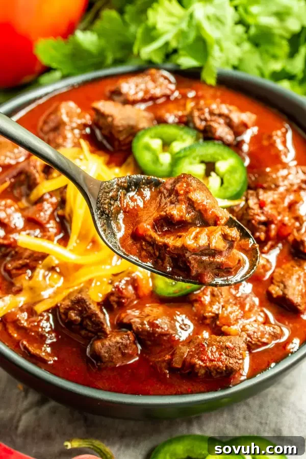 Close up of Keto Chili on a spoon, showcasing its rich texture