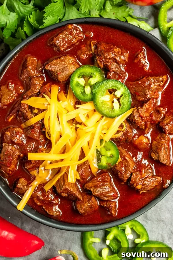 Large bowl of hearty beanless Keto Chili, ready to serve