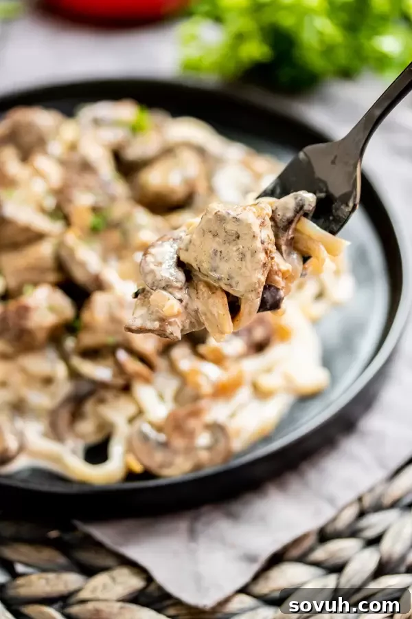 Keto Beef Stroganoff on a fork with keto noodles