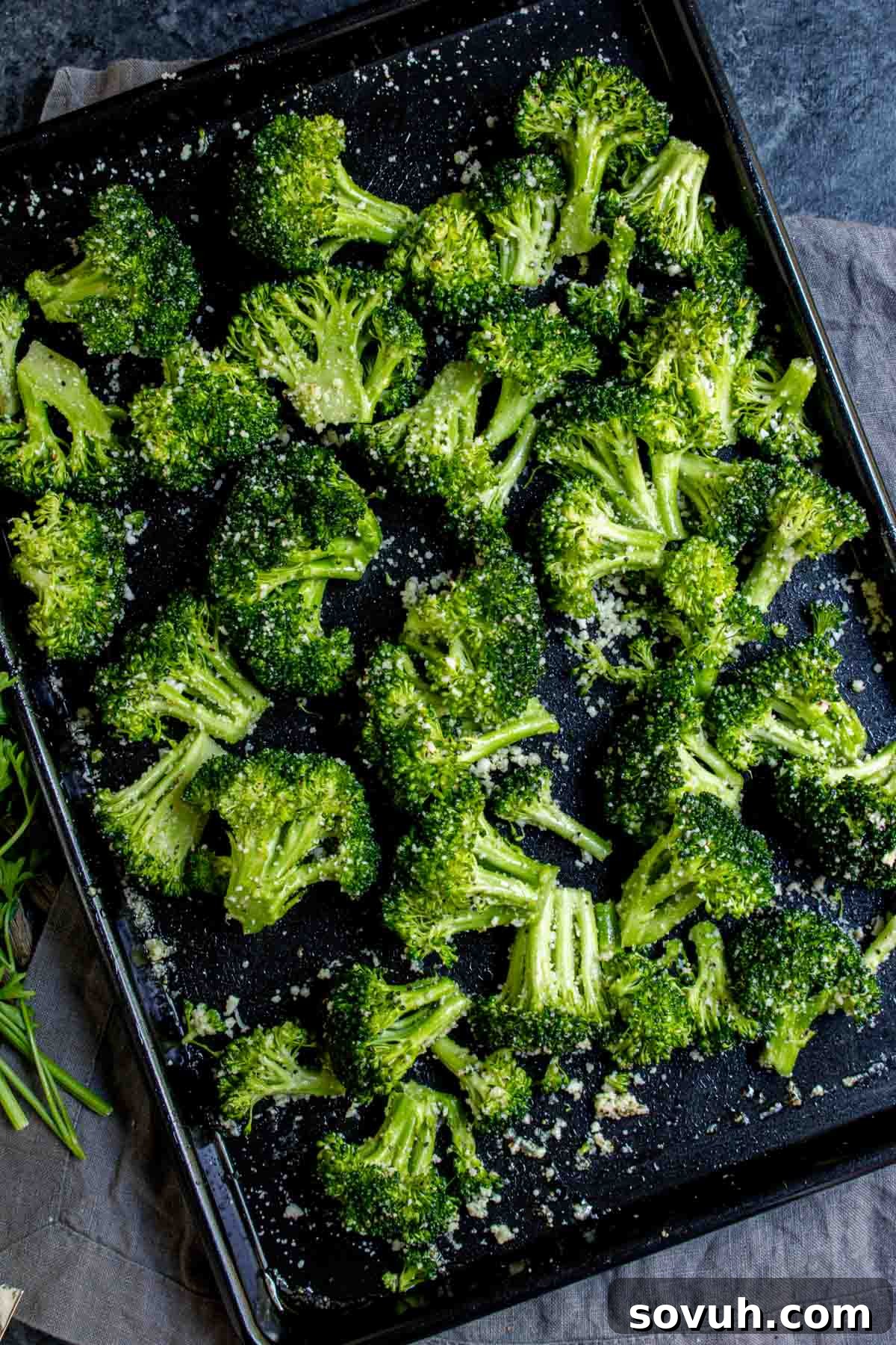 Crispy Air Fryer Broccoli florets seasoned with Parmesan and garlic, ready to be served as a healthy side dish.