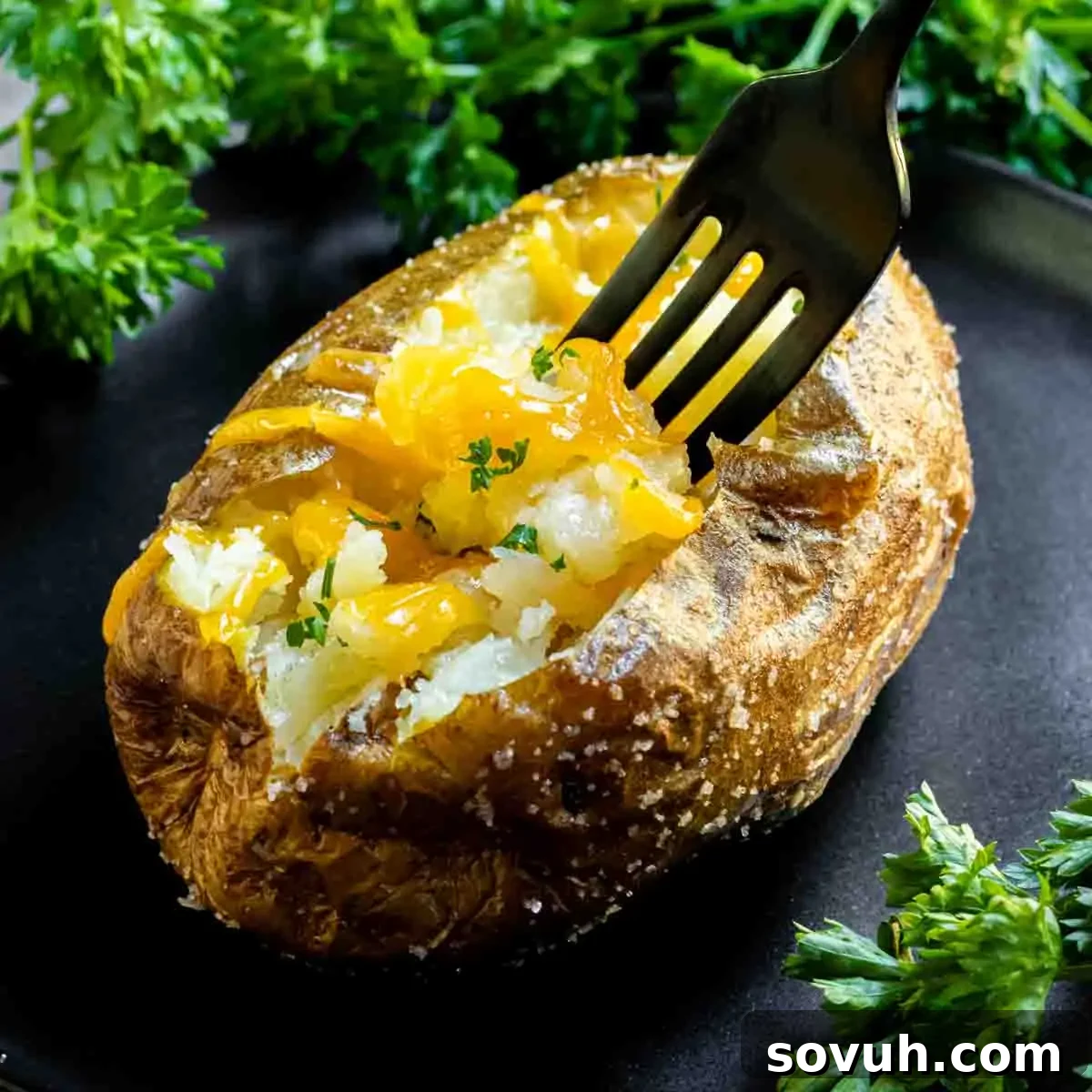 Air Fryer Baked Potato with melted cheese and parsley on a black plate with a fork.
