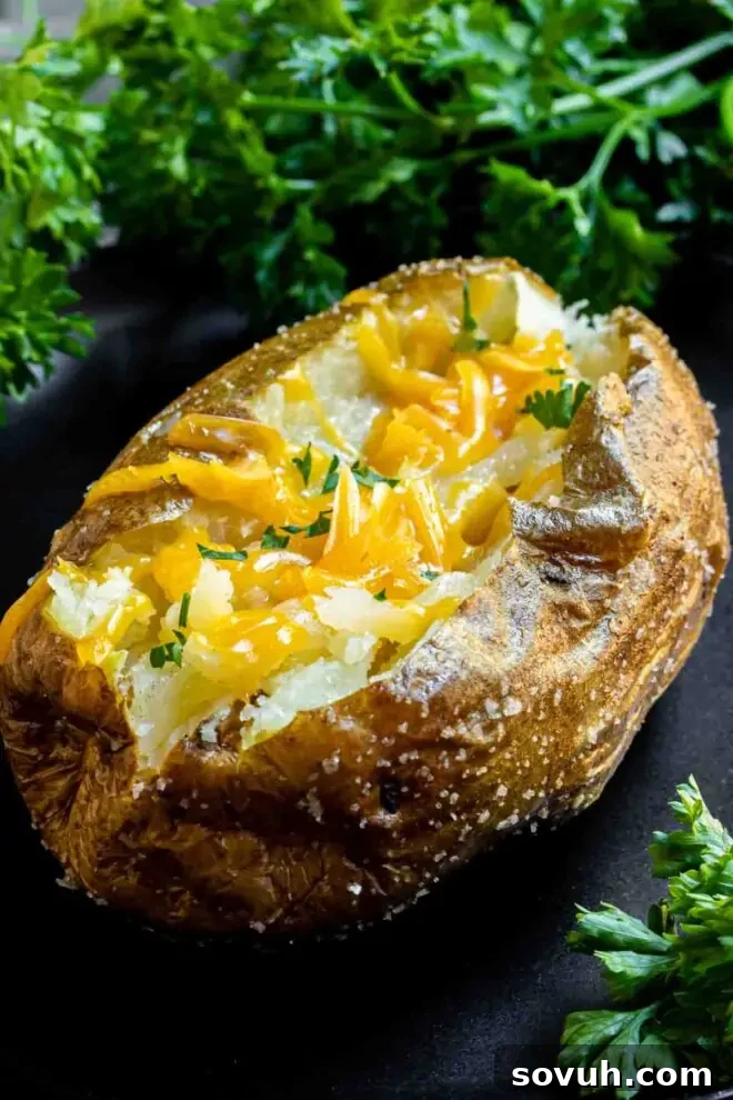 Air Fryer Baked Potato topped with melted cheese and garnished with fresh parsley on a black surface.