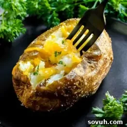Air Fryer Baked Potato with melted cheese and parsley on a black plate with a fork.
