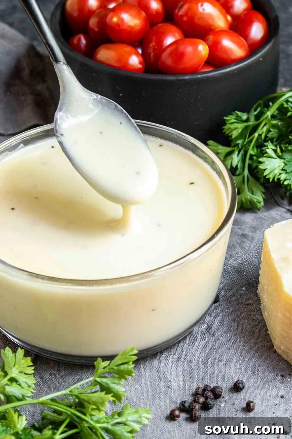 A close-up of a bowl of creamy Keto Alfredo Sauce with a spoon, perfectly garnished and ready to serve. Around it are fresh cherry tomatoes, a sprig of parsley, a dash of black pepper, and a rustic block of Parmesan cheese, emphasizing the fresh ingredients.