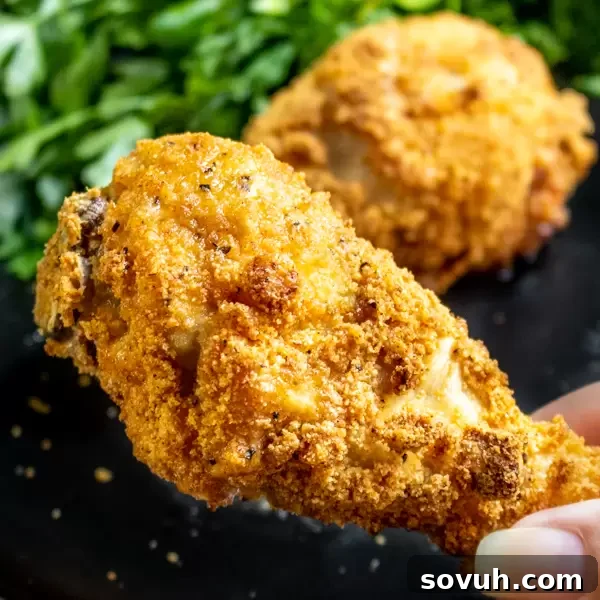 Holding a perfectly golden and crispy Keto Fried Chicken drumstick, showcasing its irresistible texture, fresh out of the air fryer.