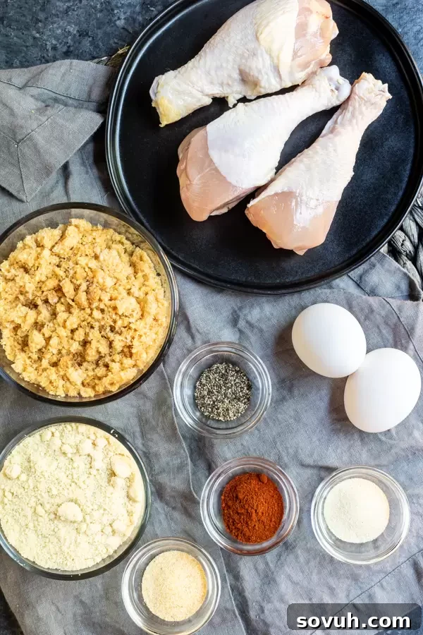 A vibrant flat lay showcasing all the essential ingredients needed to prepare a delicious batch of Keto Fried Chicken in the Air Fryer, neatly arranged on a rustic surface.