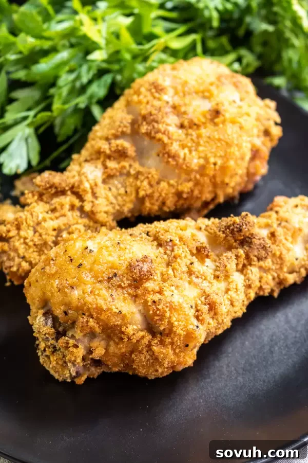 Three perfectly golden and crispy Keto Fried Chicken drumsticks served on a plate, ready to be enjoyed.