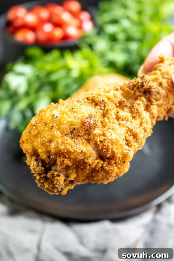 A hand holding a single piece of perfectly air-fried keto chicken, highlighting its golden, crispy crust and readiness to be enjoyed.