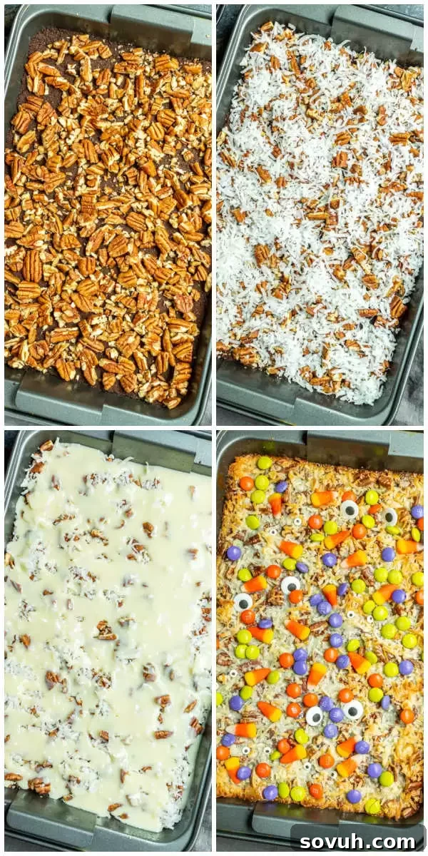 A step-by-step visual guide to making Halloween Magic Cookie Bars, from combining ingredients to the final layered product in a pan.
