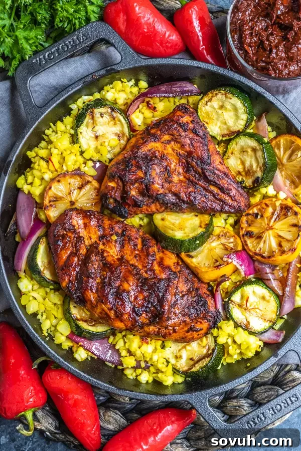 Aromatic Harissa Glazed Chicken 6 Top-down shot of a serving of grilled Harissa Chicken, ready to be enjoyed.