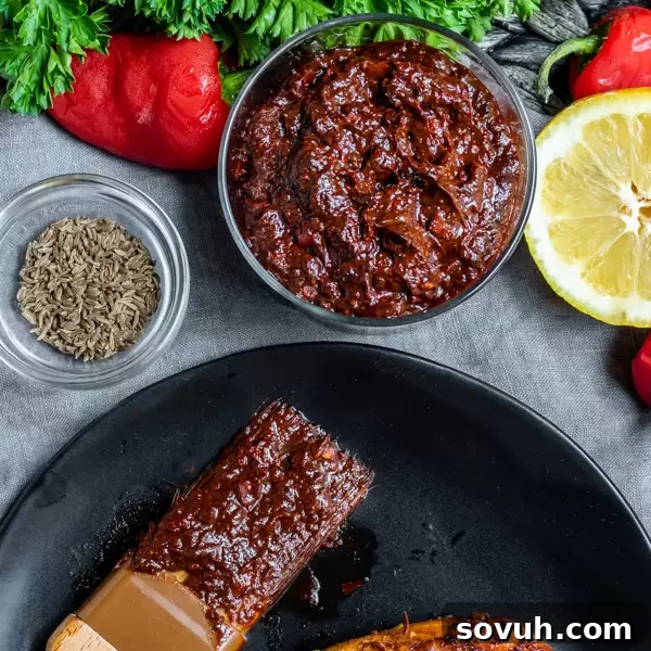 A beautifully presented bowl of vibrant red Harissa Paste, garnished with a drizzle of olive oil, ready for culinary use.