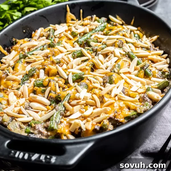 black platter with Keto Green Bean Casserole