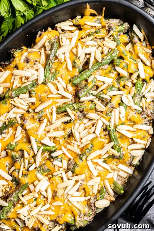 black platter with Keto Green Bean Casserole