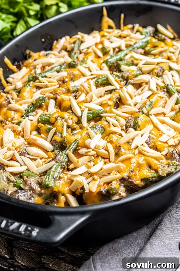 black platter with Keto Green Bean Casserole