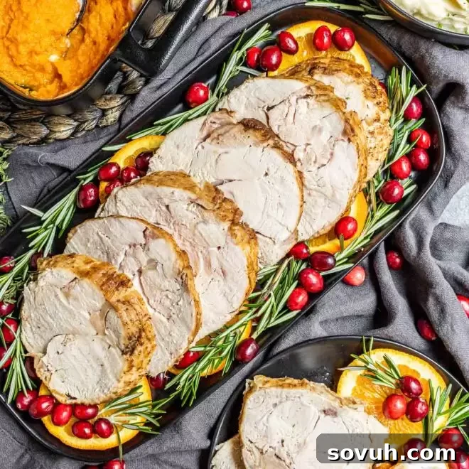 platter of Instant Pot Turkey Breast garnished with orange slices and fresh cranberries