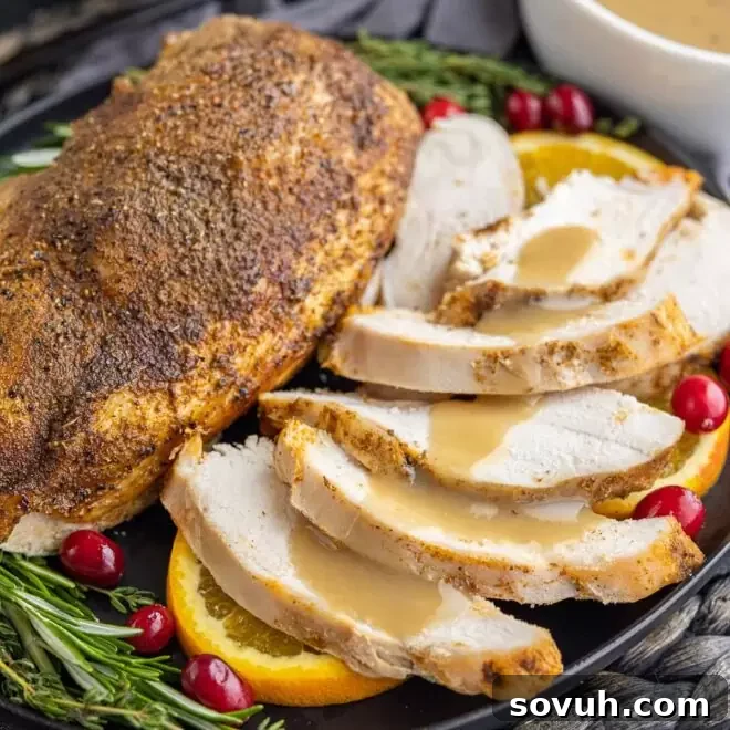 sliced Slow Cooker Turkey Breast on a plate with gravy