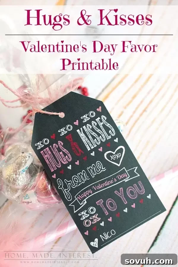Personalized 'Hugs and Kisses' Valentine's Day gift tags attached to a bag of chocolate candies, perfect for classroom favors or small gifts.