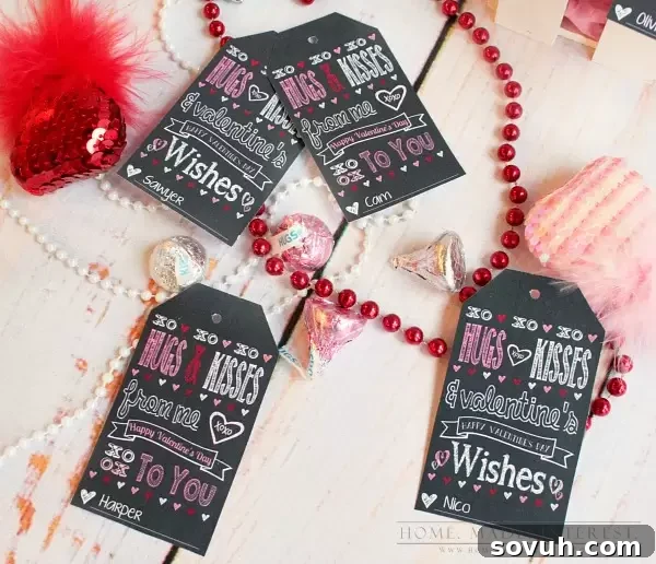 Close-up of a personalized 'Hugs and Kisses' Valentine's Day tag with the name 'Emily', attached to a bag of chocolate candies.
