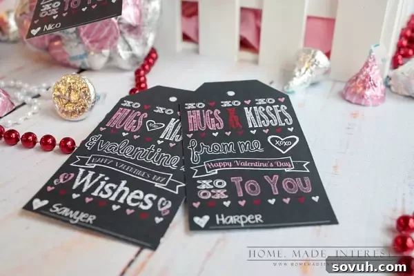 Three personalized 'Hugs and Kisses' Valentine's Day favor bags, ready for gifting, highlighting the delightful design of the tags.