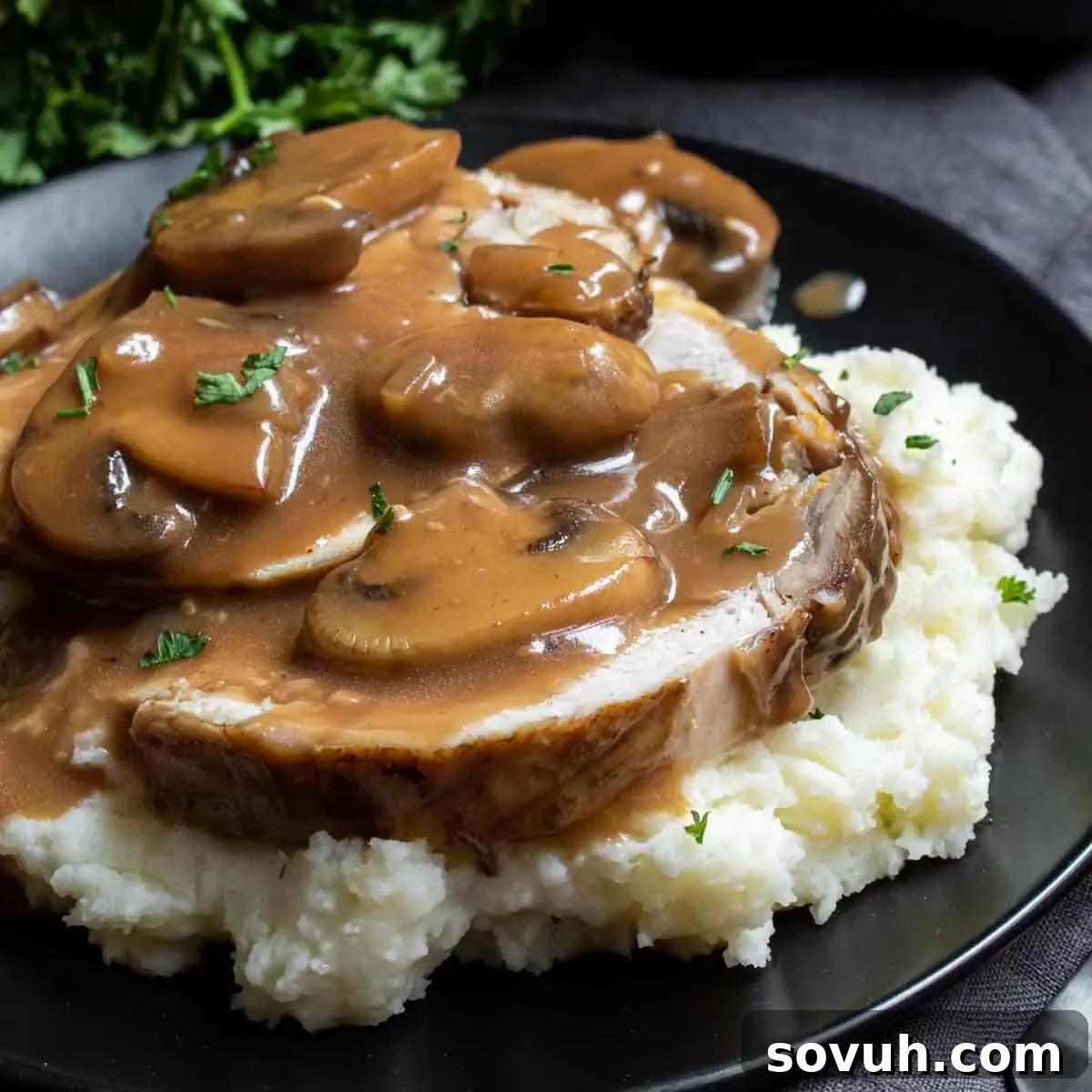 Succulent Turkey Marsala 2 Exquisite Turkey Marsala dish made from Thanksgiving leftovers, featuring tender turkey slices in a rich, homemade Marsala sauce with earthy mushrooms.