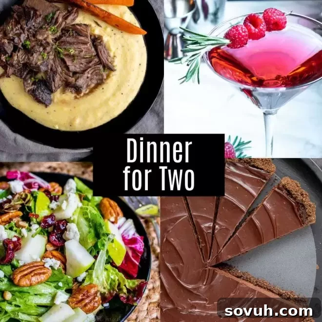 Collage of recipes on the dinner for two meal plan, featuring a drink, salad, main course, and dessert