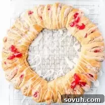 Top down view of holiday crescent wreath