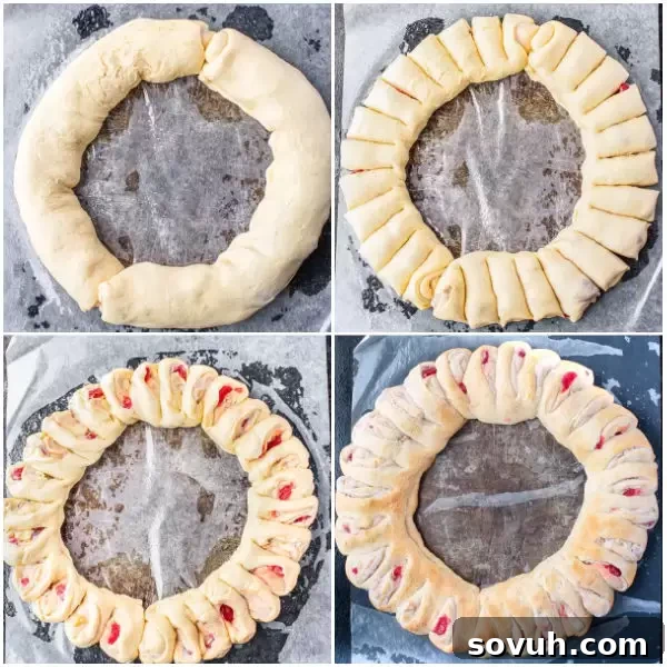 A visual guide showing how to form the crescent rolls into a ring, cut, and twist them to reveal the filling.