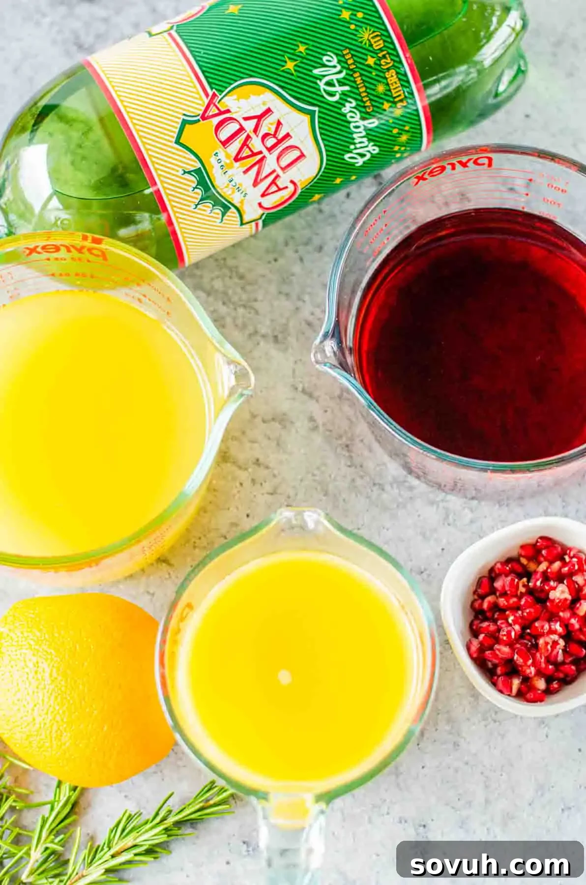 A visually appealing flat lay of Christmas punch ingredients on a clean countertop, featuring bottled ginger ale, measuring cups holding red and orange fruit liquids, a fresh orange, delicate rosemary sprigs, and a small bowl brimming with bright red pomegranate seeds.