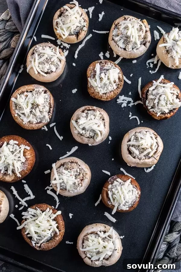 Step-by-step photos showing how to make Stuffed Mushrooms with Sausage in the oven, including cleaning and stuffing.