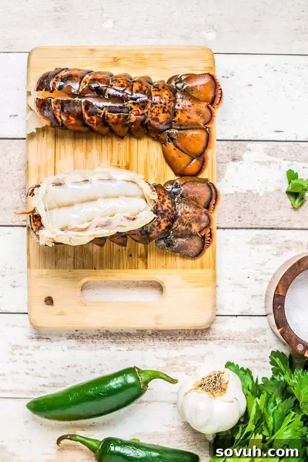 Illustration of how to cut a broiled lobster tail and then separate the meat from the shell for butterflying