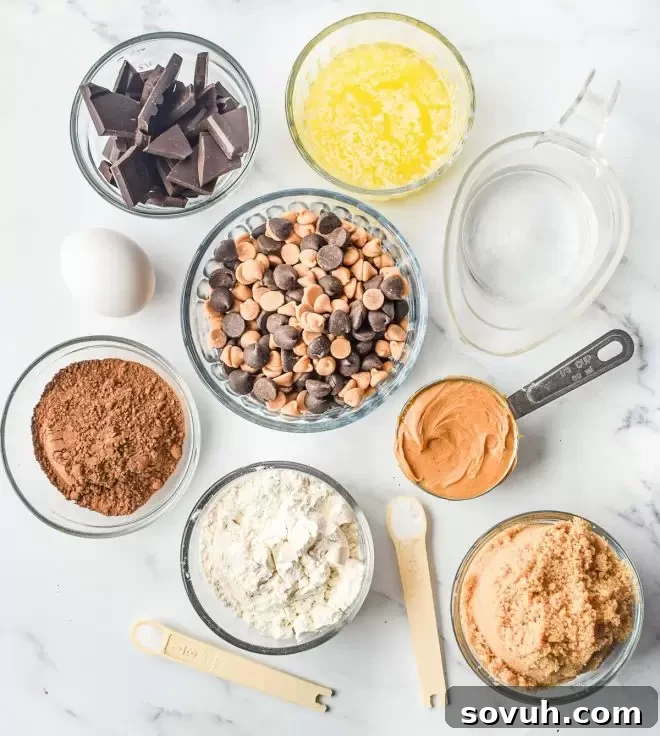 Essential ingredients for baking homemade Dark Chocolate Peanut Butter Brownies laid out on a clean surface.