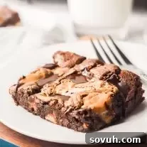 Homemade peanut butter brownie on a plate with a fork