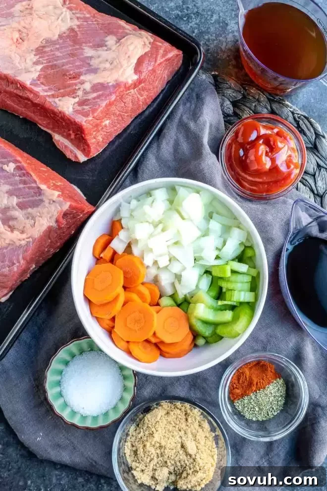 Fresh ingredients laid out for Instant Pot Brisket preparation