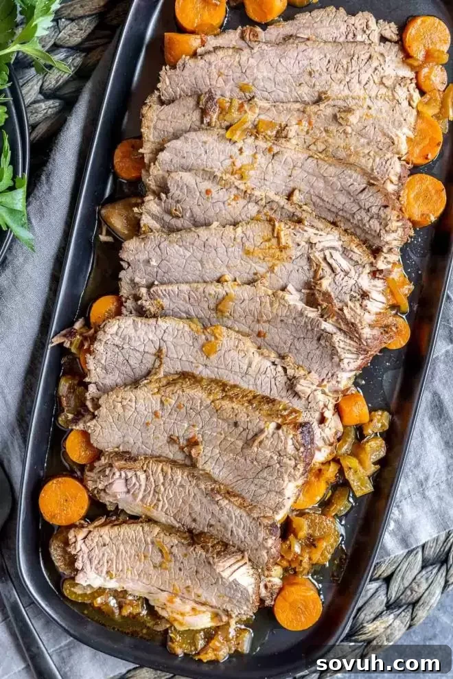 Instant Pot Brisket presented on a elegant serving platter