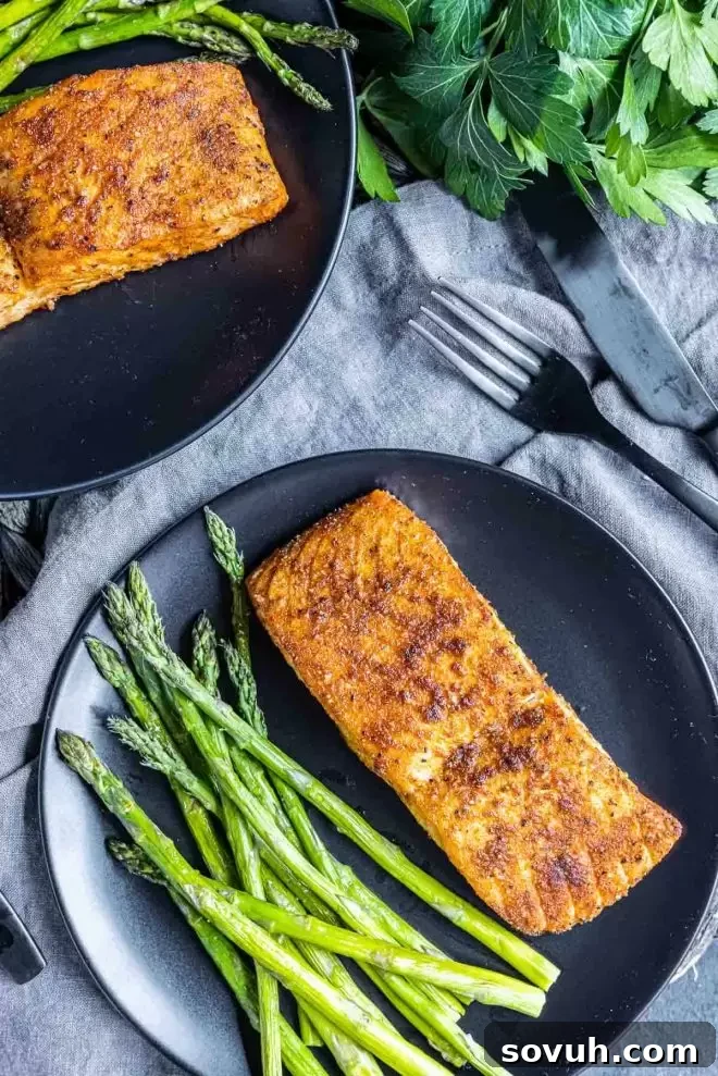 Air Fryer Salmon with asparagus on a plate