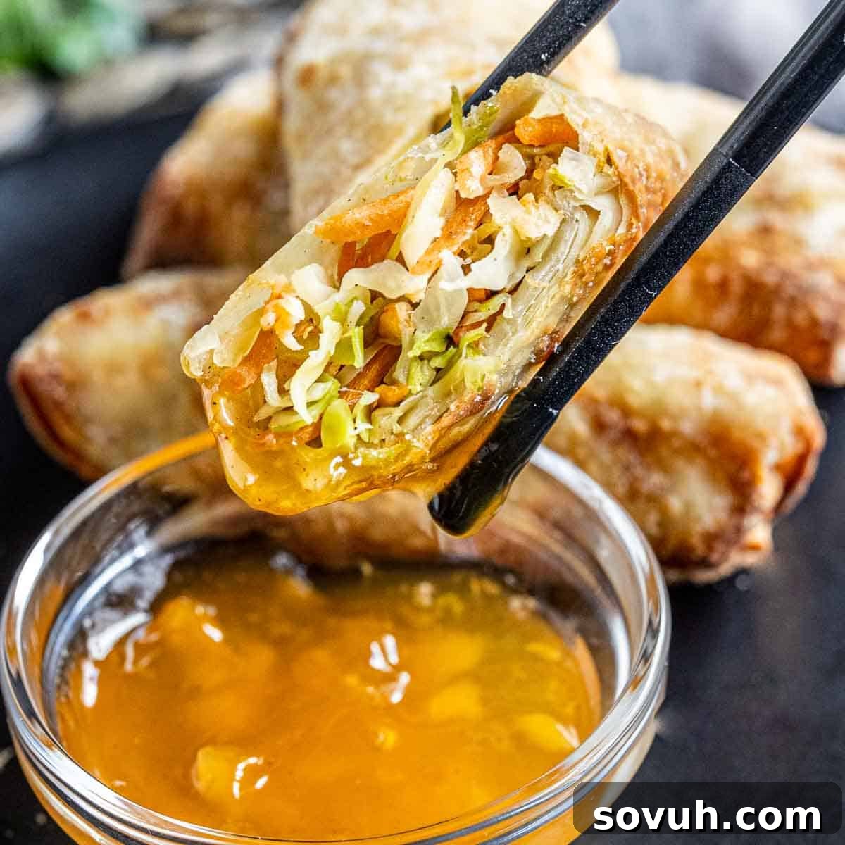 Crispy Air Fryer Egg Rolls served with duck sauce, ready to eat.
