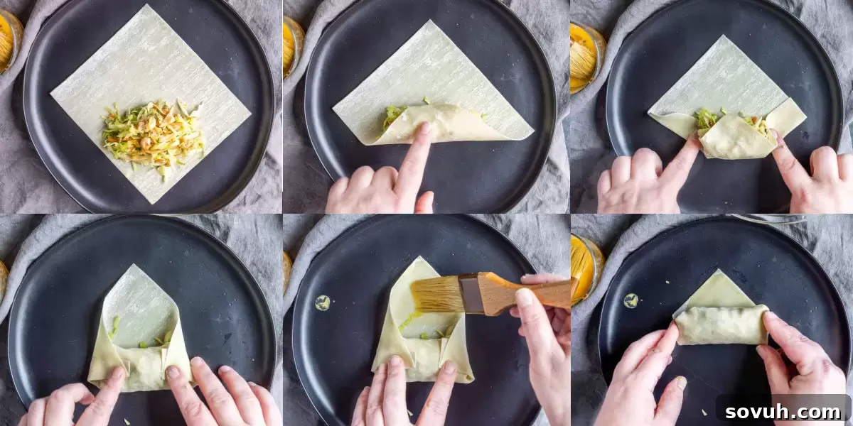 Step-by-step photos illustrating how to properly roll an egg roll.