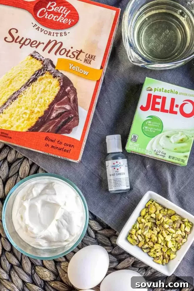 Pistachio Cake ingredients on a gray cloth