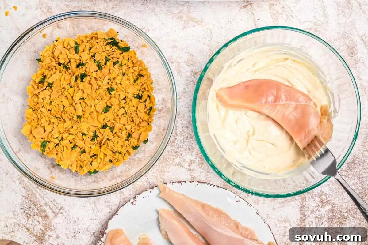 Chicken strip being dipped in batter next to a bowl of crumbled cornflakes and herbs.