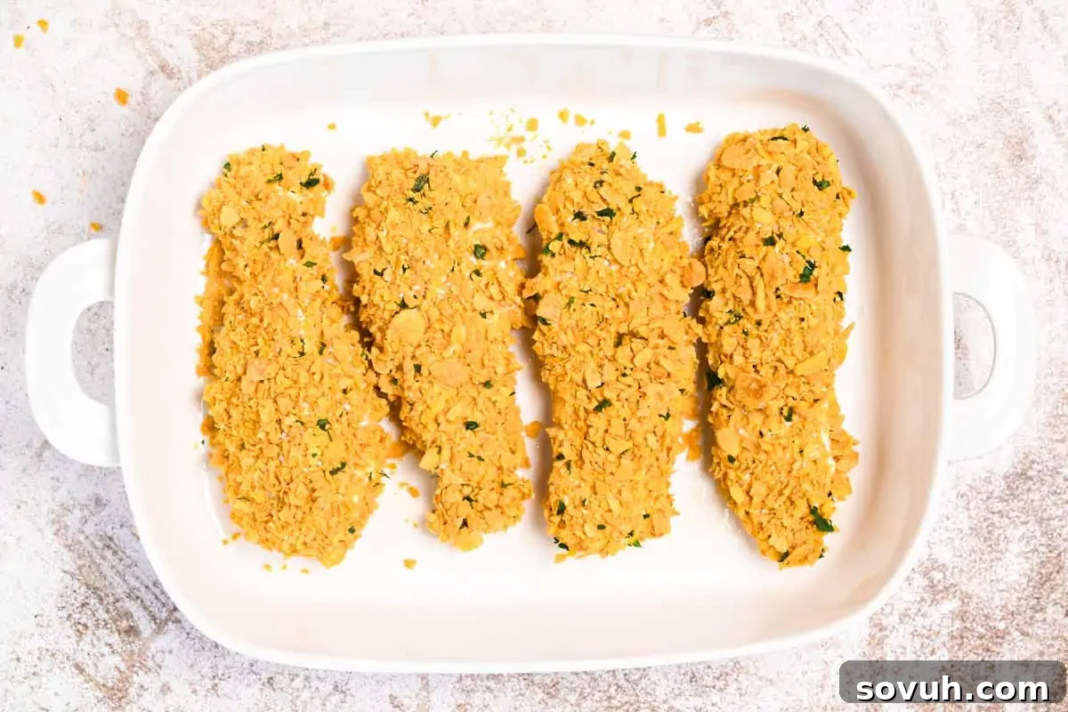 Four breaded chicken breasts are arranged in a white baking dish on a textured light surface.