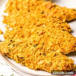 Close-up of several breaded chicken fillets with a crispy, golden coating on a plate.
