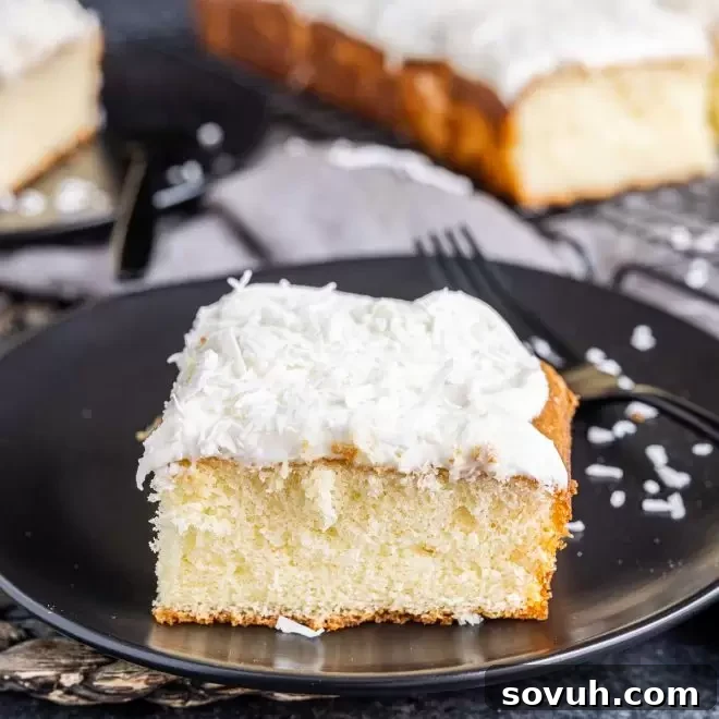 A beautifully frosted slice of Coconut Sheet Cake served on a white plate, ready to be enjoyed.