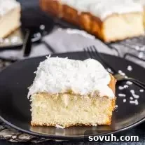 A delicious slice of Coconut Sheet Cake on a plate.