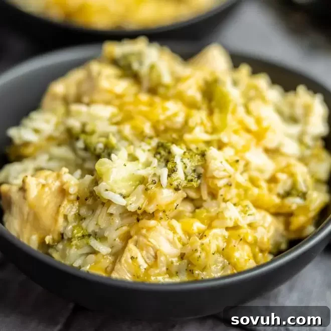 Deliciously Cheesy Instant Pot Chicken and Rice with Broccoli in a black serving bowl, garnished for freshness.