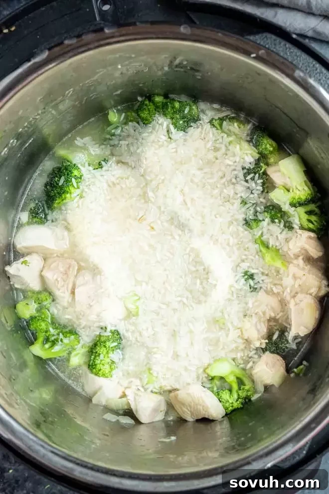 The initial step of preparing Cheesy Instant Pot Chicken and Rice, showing browned chicken pieces.