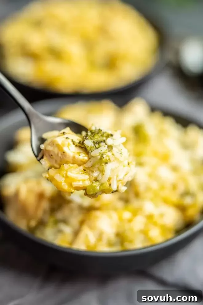 A spoonful of Cheesy Instant Pot Chicken and Rice, showcasing the tender chicken, broccoli, and melted cheese.